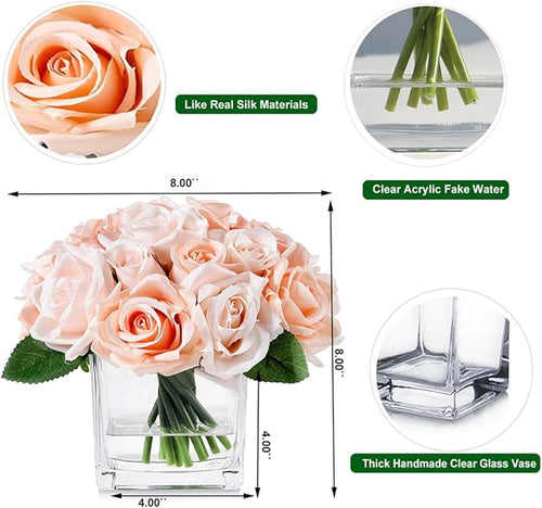 18 Heads Silk Rose Flowers in Vase, Artificial Floral Arrangement in Vase with Fake Water for Home Decor (Pink)