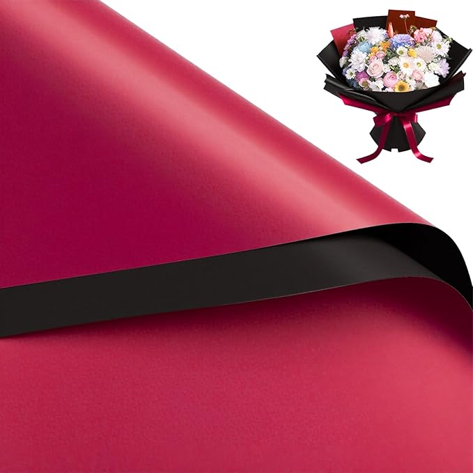 WRAPAHOLIC 20 Sheets Flower Wrapping Paper - 22.4 x 22.4 inch Black Red Color Water-Resistant Floral Bouquet Wrapping Paper, Florist Supplies Packaging for Christmas Wedding Birthday Gift DIY