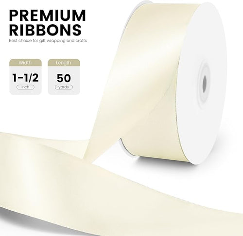 1-1/2" x 50 Yards Satin Ribbon - Ivory Silk Ribbon with Spool - Ideal for Gift Wrapping, Floral Bouquets, Crafts, Wedding Party Decorations, Christmas and Sewing Projects