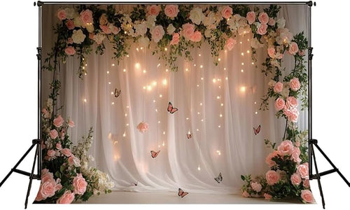 10x6.5ft Pink White Rose Flowers Wedding Backdrop White Curtain Glitter Light Butterfly Decoration Photography Background Children Baby Shower Birthday Party Backdrop for Video Studio Prop