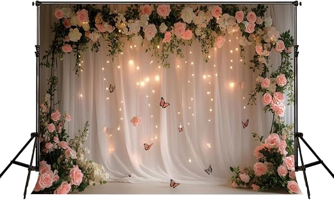 8x8ft Pink White Rose Flowers Wedding Backdrop White Curtain Glitter Light Butterfly Decoration Photography Background Children Baby Shower Birthday Party Backdrop for Video Studio Prop