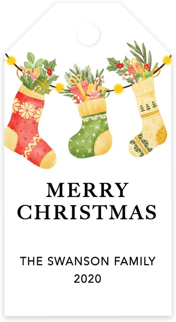 Andaz Press Personalized Christmas Holiday Season Classic Gift Tags, Merry Christmas Custom Family Name and Year, Watercolor Vintage Knit Stockings Design, Holiday Events, Parties, Favors, 60-Pack