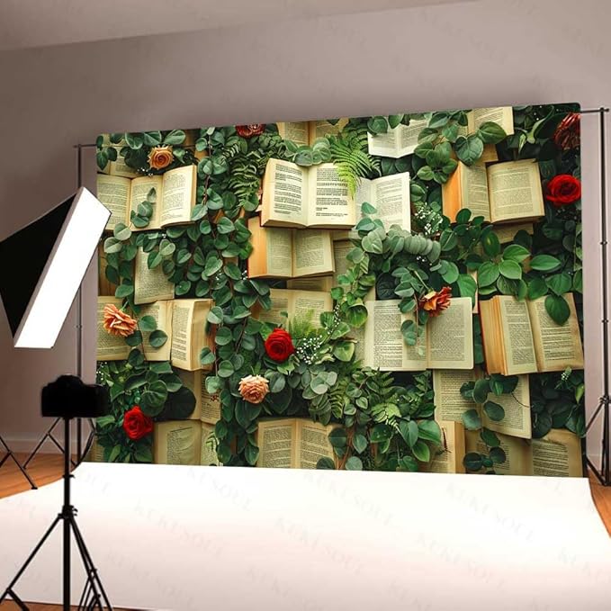 10x8FT Book Flowers Photo Backdrop Vintage Books Page Red Rose Flowers Weeding Background for Birthday Wedding Party Portrait Decoration Supplies Photo Booth Props KUBDJ1002