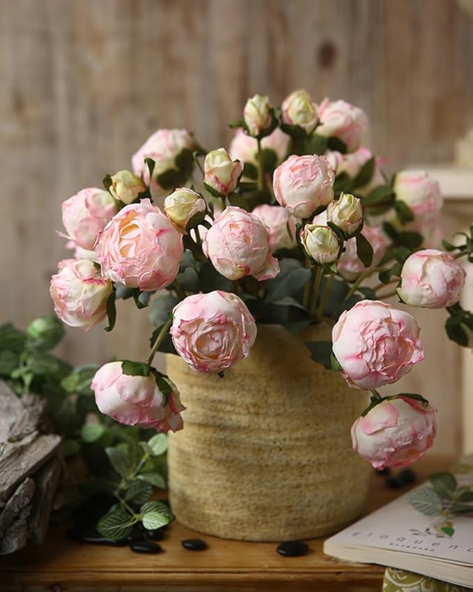 Pink Peonies Artificial Flowers 2 Bouquets Vintage Peonies 18pcs Pink Peonies with Single Long Stems Silk Flowers for Wedding Decoration Bride Bouquet Flowers Crafts Floral Arrangement (Pink)