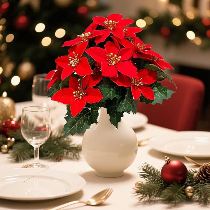 6 Pack Red Christmas Artificial Poinsettia Flowers Faux Poinsettia Bush Bouquets Silk Poinsettia Christmas Tree Ornaments Poinsettia Flower Arrangement for Home Decor