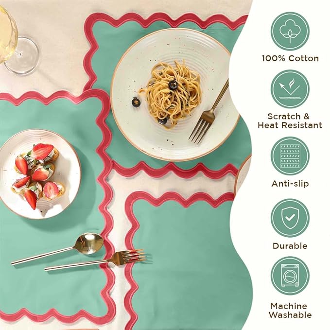 Folkulture Christmas Placemats | Set of 4, 13 x 19 Inches 100% Cotton Boho Place Mats or Heat Resistant Table Mats | Red Placemat or Green Table Place Mats | Christmas Table Decorations