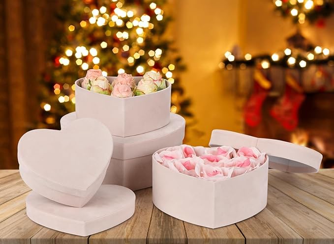 GnFlus Heart Shaped Gift Boxes with Lids for Presents Set of 4 Light Pink Velvet Nesting Gifts Box for Arrangements Flowers Wedding Birthday Valentines Bridesmaid Christmas Party Anniversary