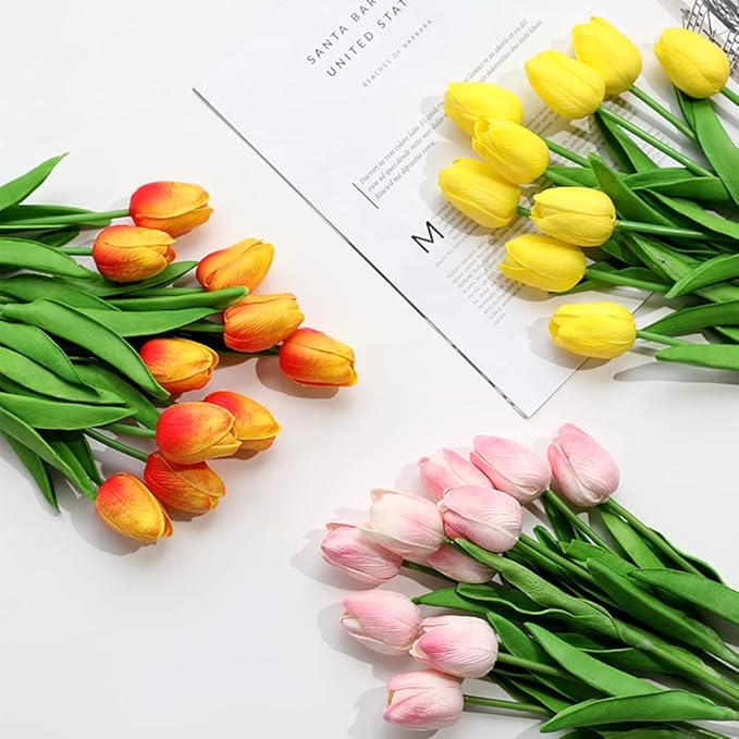 30 Pcs Fake Latex Tulips Artificial Flowers Faux Tulip Stems Real Touch Tulips for Wedding Party Home Decoration (Sunset)