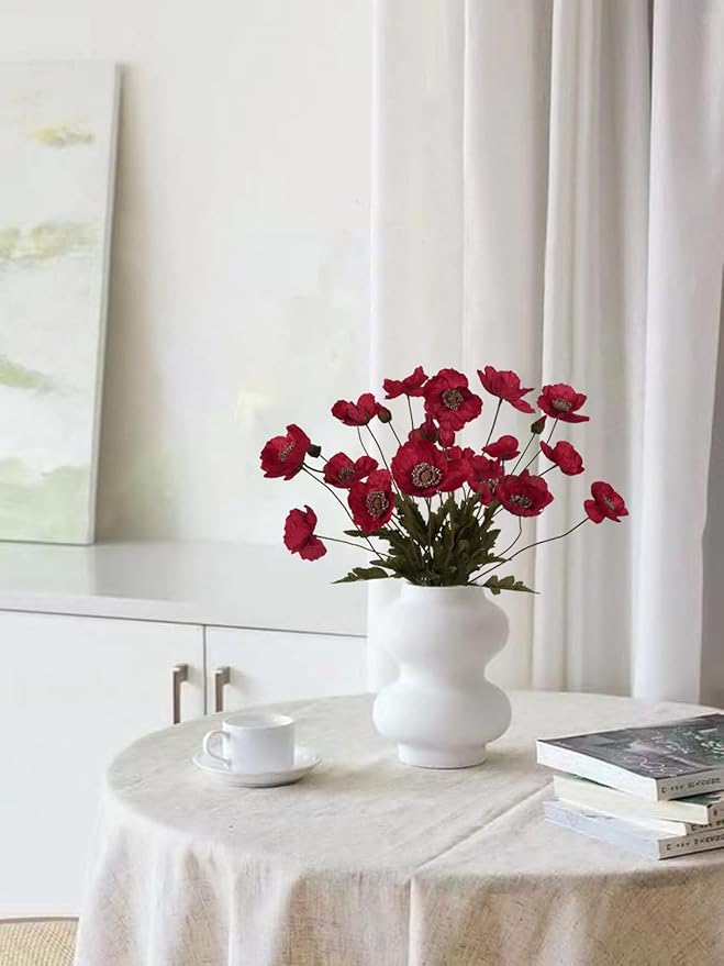 IPOPU Red Poppy Flowers 6pcs Artificial Poppies Faux Vintage Silk Flower Arrangements for Wedding Centerpieces, Home Table, Bridal Shower Party Decorations