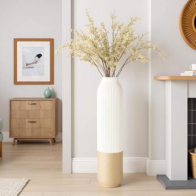 Tall Floor Vase, 23.6 inches (60cm) Tall Vases Sturdy, Luxury, Textured for Decorative Branches Dried Flowers, Floor Vase for Rustic, Living Room, Shelf Decor, Resin White