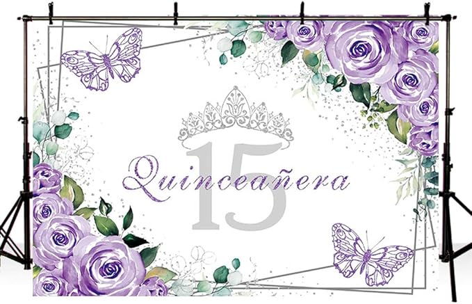 Sendy 7x5ft Quinceañera Backdrop Mis Quince 15 Anos Birthday Party Decoration Supplies for Girl Princess Purple Floral Butterfly Silver Crown Photography Background Banner Photo Booth Studio Props