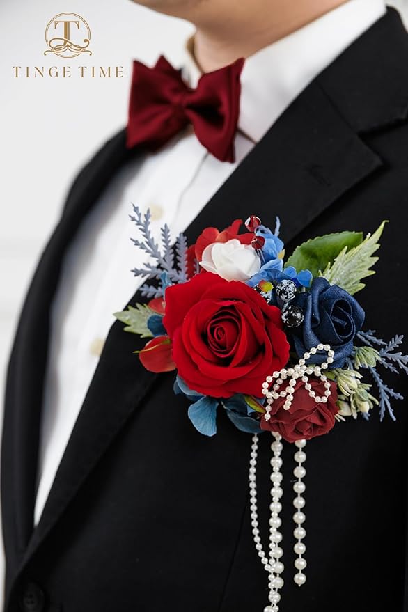 TINGE TIME Boutonniere for Men Wedding,Groom and Best Man Boutonniere for Wedding, Prom, Homecoming, Anniversary, Graduation, Christmas Dinner (1, Red & Navy Blue)