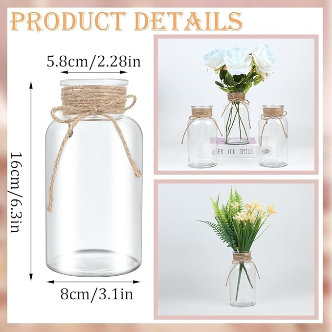 Vintage Glass Flower Vase，3 Pack Farmhouse Transparent White Glass Centerpiece Vases Mason Jars for Weddings, Parties & Home Decor Bulk (3, Transparent)