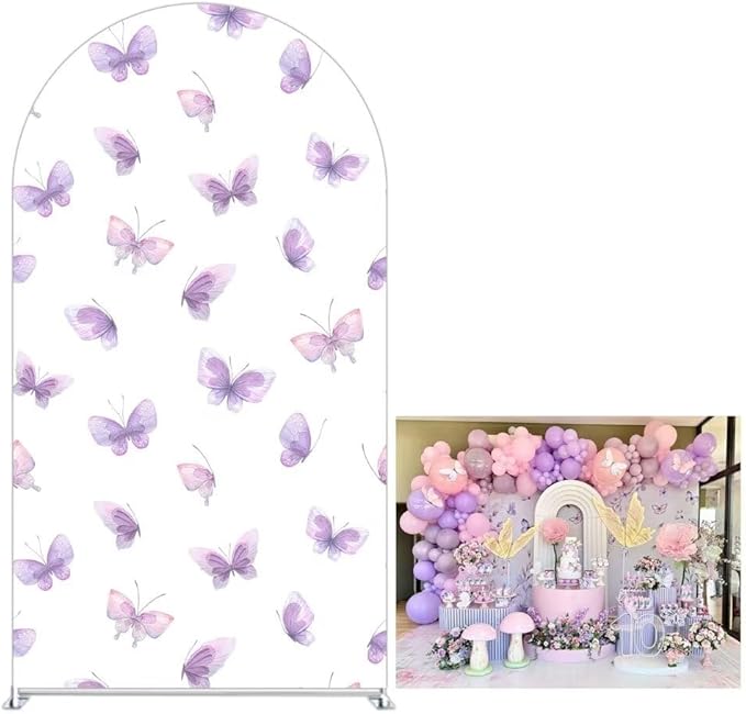 KONPON Purple Butterfly Arched Backdrop Fabric Cover Spring Arch Cover for Girls Birthday Baby Shower Decoration Supplies (No Stand!)