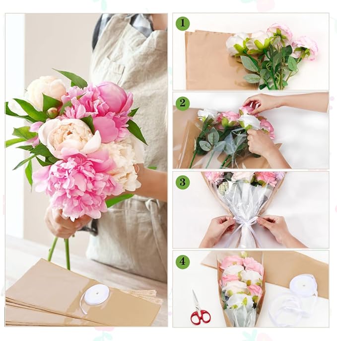 HSONAIGEE 50 Pieces Flower Bouquet Wrapping Paper, 17.7 x 9.5 Inch Small Flower Bags for Bouquets Kraft Floral Wrap Sleeves with Ribbons for Home Mother’s Day Wedding Flower Bar Supplies