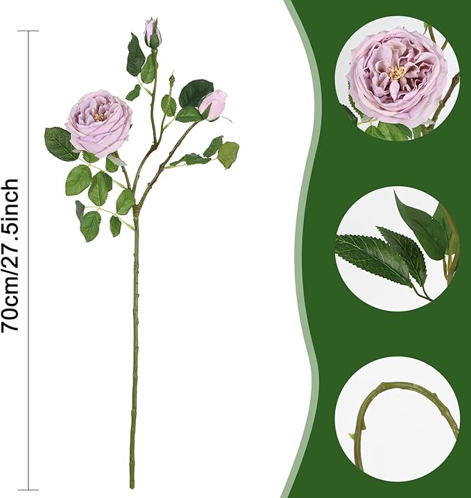 Real Touch Purple Austin Roses Peonies Artificial Flowers 4 Bouquets Latex Fake Peonies with Long Stem Realistic Faux Peonies for Wedding Party Home Table Centerpieces Decor (Light Purple)