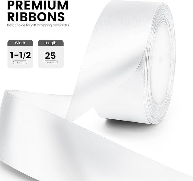 1-1/2" x 25 Yards Satin Ribbon, White Silk Ribbon Ideal for Gift Wrapping, Floral Bouquets, Crafts, Wedding Party Decorations, Christmas and Sewing Projects