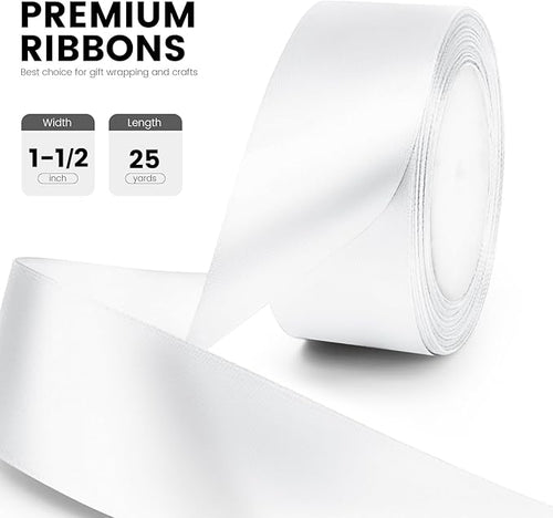 1-1/2" x 25 Yards Satin Ribbon, White Silk Ribbon Ideal for Gift Wrapping, Floral Bouquets, Crafts, Wedding Party Decorations, Christmas and Sewing Projects