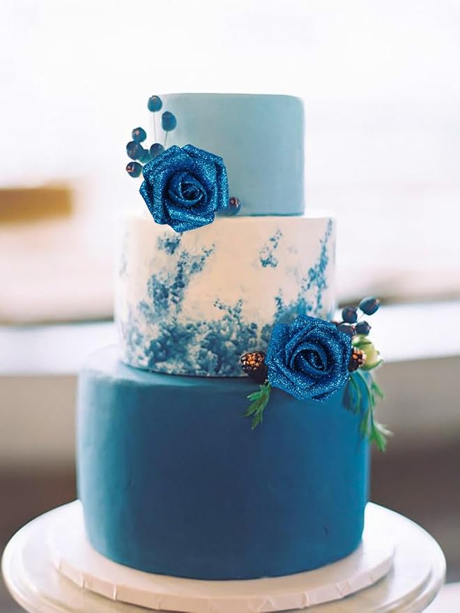 Blue Roses Artificial Flowers 30 PCS 2.17 in Glitter Roses Foam Flowers Glitter Flowers with Stem for DIY Wedding Bridal Bouquet Party Centerpieces Decor(Blue)