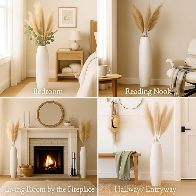 Leewadee Large 34″ Tall Floor Vase, White - Handcrafted Mango Wood for Pampas & Dried Stems