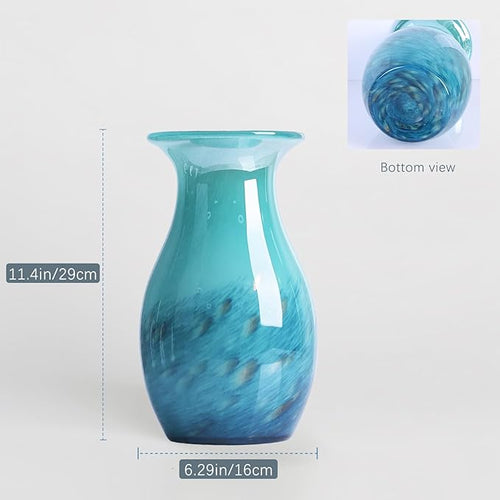 11.4" Tall Teal Glass Vase for Flowers, Hand Blown Gradient Decorative Vase for Home Decor, Centerpiece, Dining Table, Shelf, Mantel, Bathroom, Entryway, Countertop, Gift for Friends