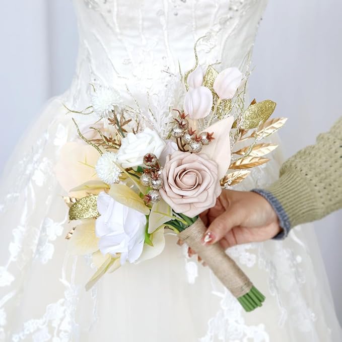 S_SSOY Wedding Bouquet Bride,Bride Bridal Bouquet Bridesmaid Artificial Flowers for Ceremony Anniversary Party Bridal Shower Decoration Wedding Bouquets (Beige)