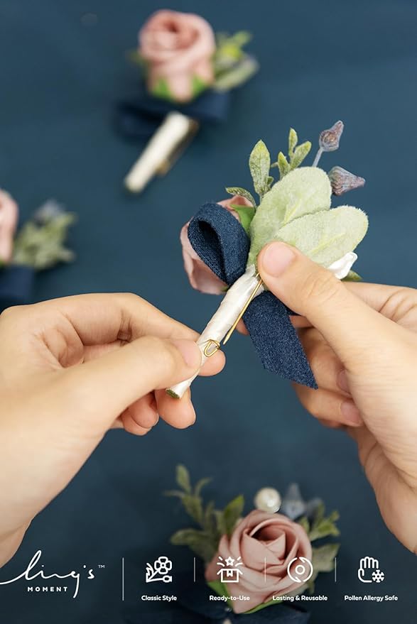 Ling's Moment Boutonniere for Men, 10pcs Groomsmen Guest Boutonniere, Artificial Flowers for Wedding Décor/Prom/Homecoming,etc.Dusty Rose Navy Blue