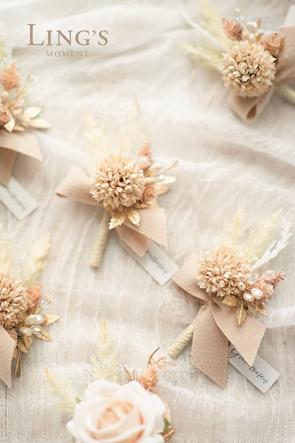 Ling's moment Boutonniere for Men, 6pcs Groom Groomsmen Boutonniere, Artificial Flowers for Wedding Decor/Prom/Homecoming, etc.White Nude