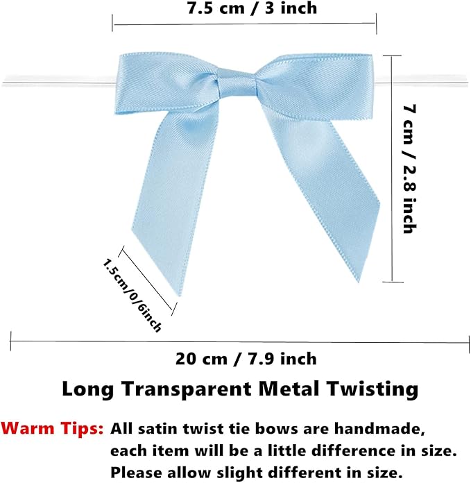 50 Pack 3" Blue Satin Twist Tie Bows, Twist Bows for Treats, Ribbon Bows with Twist Ties Gift Wrap Bows, Pretied Bows Ties for Cake Pops, Baby Shower, Sweets Packaging, Party Favors, Gifts