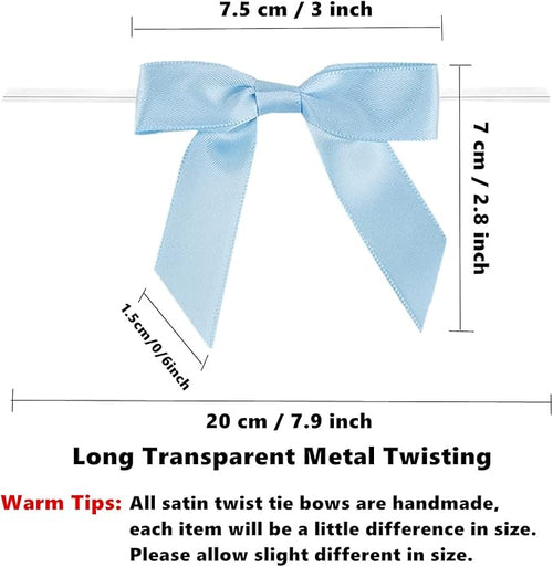 100 Pieces 3 inch Satin Ribbon Twist Tie Bows, Blue Pretied Bows with Twist Ties, Twist Bows Treats Bags, Bow Ties for Treats, Cake Pops, Baby Shower, Crafts, Gift Wrapping Favors, Cookies