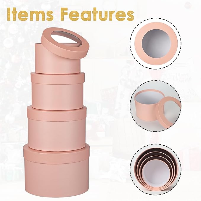 Flower Boxes for Arrangements Nesting Round Gift Boxes with Clear Lids Pink Round Boxes for Flowers Set of 4 Assorted Sizes Flower Boxes for Flower Arrangements, Valentine's Day, Mother's Day,