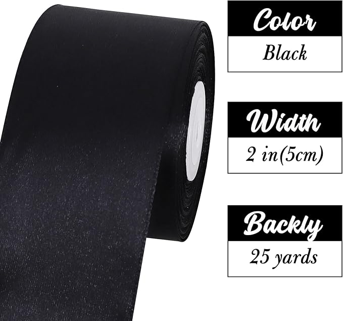 TONIFUL 2 Inch x 25 Yards Wide Black Satin Ribbon Solid Fabric Ribbons Roll for Valentine's Day Crafts Chair Sash Gift Wrapping Invitation Cards Floral Hair Bows Sewing Party Wedding Car Decoration