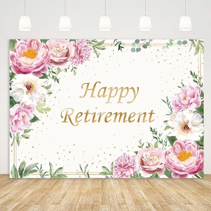 10x7ft Happy Retirement Backdrop for Women Pink Rose Gold Dots Retirement Party Banner White Floral Greenery Leaves Decoration Lady's Retirement Party Decor Congrats Retire Photo Booth Props