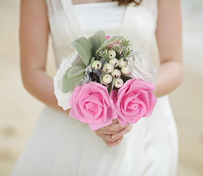 Pink Glitter Roses 100pcs Foam Roses Stemless 2.56" Pink Artificial Roses Glitter Flowers Real Looking Pink Fake Roses for Bridal Shower Decor Flower Wall Wedding Centerpieces (Pink)
