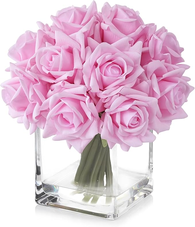 10pcs Light Pink Real Touch Roses, Lifelike Full Bridal Bouquet Artificial Flowers for Flower Arrangement Home Spring Party Wedding Decoration