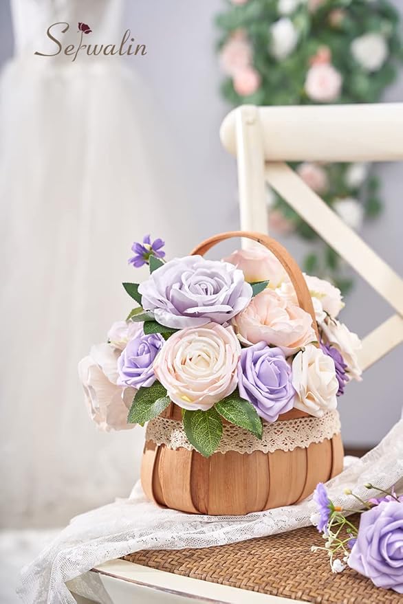 Serwalin Artificial Flowers Fake Silk Flowers Combo Realistic Mixed Roses Box for DIY Wedding Bridal Bouquets Centerpieces Arrangements Faux Flowers with Stems Home Party Decoration, Pink&Lilac