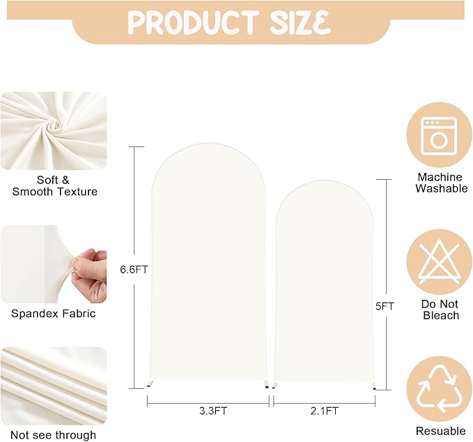 Beige Arch Backdrop Covers - 6.6FT, 5FT Spandex Fitted Wedding Arch Stand Covers Round Top Chiara Stretchy Arch Backdrop Cover for Wedding Birthday Party Decoration