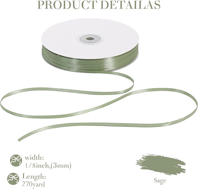 TONIFUL 1/8 Inch x 200 Yards Sage Thin Solid Satin Ribbon Giant Spool Double Face Ribbons for Crafts Hanging Tags Invitation Card Balloons Bouquet Hair Gift Wrapping Party Decoration