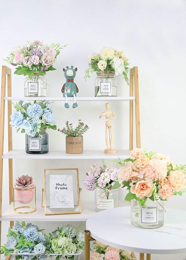 Nubry 3pcs Artificial Flowers Bouquet Fake Peony Silk Hydrangea Faux Roses Wildflowers Arrangements with Stems for Wedding Home Centerpieces DIY Decor (Light Green)
