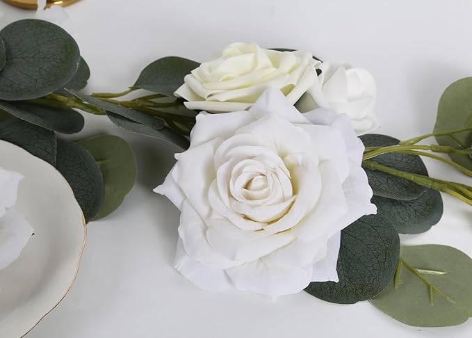 Silk Roses - 16pcs White Large Fake Roses - Wedding Bouquet, Home Decorations
