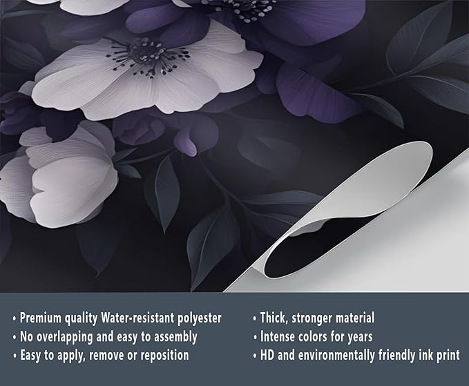 Dark Peony Floral Wall Mural, Purple and Black Flower 3D Wall Murals, Luxury Botanical Wallpaper Mural, for Living Room Bedroom Large Wallpaper Indoor Decor 137.8" W x100 H