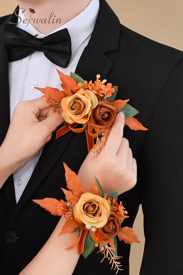 Serwalin Orange Corsage and Boutonniere Set 𝟮𝙥𝙘𝙨, 𝟲-𝟳 𝙄𝙣𝙘𝙝 Boutonniere and Wrist Corsage Wristband Prom Flower Wedding Flowers Accessories Prom Suit Decorations Cake Topper