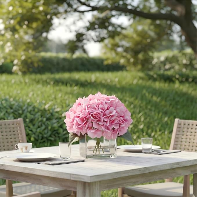 Silk Pink Hydrangea Artificial Flowers in Vase with Faux Water, Silk Flower Arrangements in Vase for Home Decor, Wedding Table (Pink)