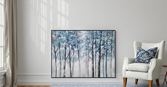 Yihui Arts Abstract Forest Wall Art Hand Painted Textured Blue Trees Canvas Painting with Gold Foil Modern Framed Artwork for Living Room Decor