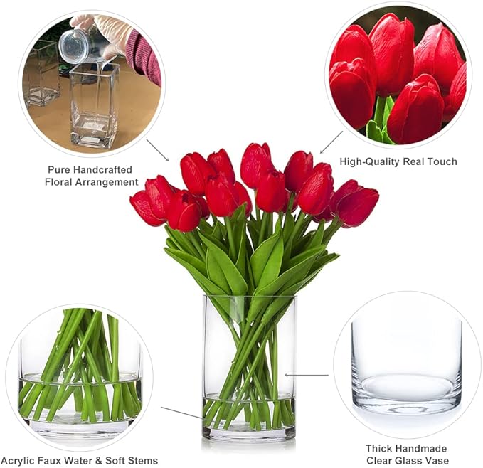 ENOVA FLORAL 20 Pieces Real Touch Artificial Tulips Flowers in Vase, Fake Red Tulips with Vase and Faux Water for Home Wedding Decoration, Dining Table (Red)