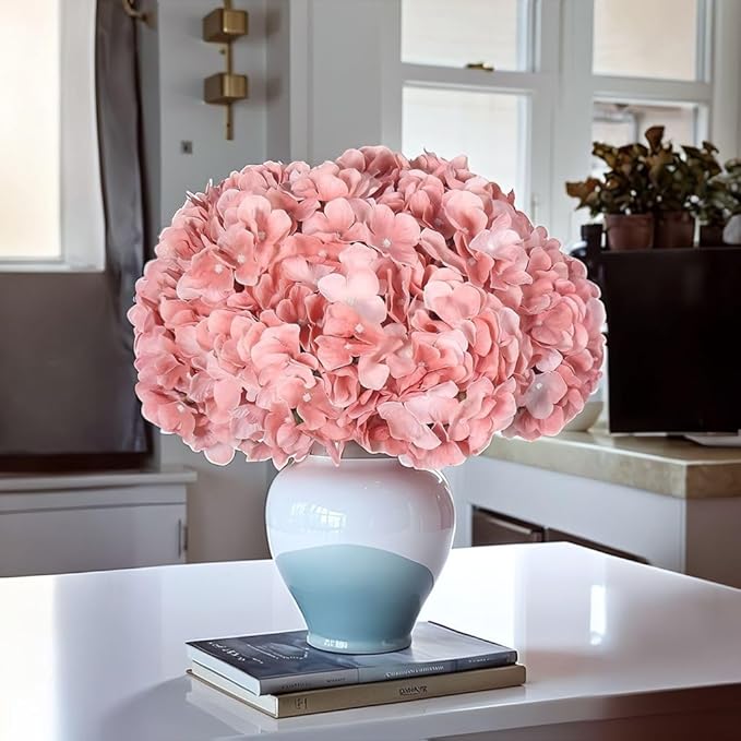 2Bouquets Artificial Fake Flowers Plants Silk Hydrangea Arrangements Wedding Bouquets Decorations Plastic Floral Home Kitchen Garden Party Festival Bar DIY(Light Coral Pink)