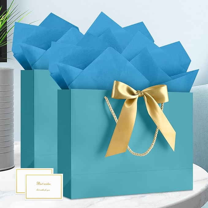 JMANNI 1PCS Large Gift Bag with Ribbon and 1 Greeting Card 2 Tissue Papers, Portable Paper Gift Bag with Handles, Birthday Gift Bags,Present Bags for Wedding Party,Mothers Day12.6" x 9.8" x 3.9"(Bule