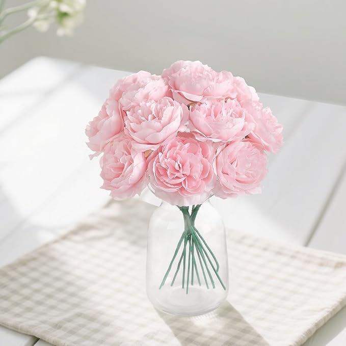 12 PCS Artificial Silk Pink Peony Flowers with Stems - 8 Inch Fake Peony Bouquet for Wedding, Home Decor, Office Table, Festival Gifts