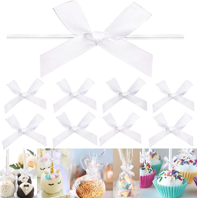 100 Pack 3" White Ribbon Twist Tie Bows, Pre Tied Bows for Gifts, Bow Ties for Bags, Twist Bows for Treats, Bow Twist Ties, Ribbon Bows with Twist Ties, Pretied Bows for Lollipops Cake Pops