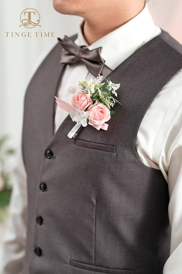 TINGE TIME Boutonniere for Men Wedding,Groom and Best Man Boutonniere for Wedding Ceremony Anniversary, Formal Dinner Party and Rustic Spring Wedding Marriage (10, PeachPink&White)